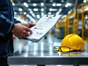 Safety inspector reviewing ISO certification documents on clipboard with hard hat and safety glasses on steel table in factory
