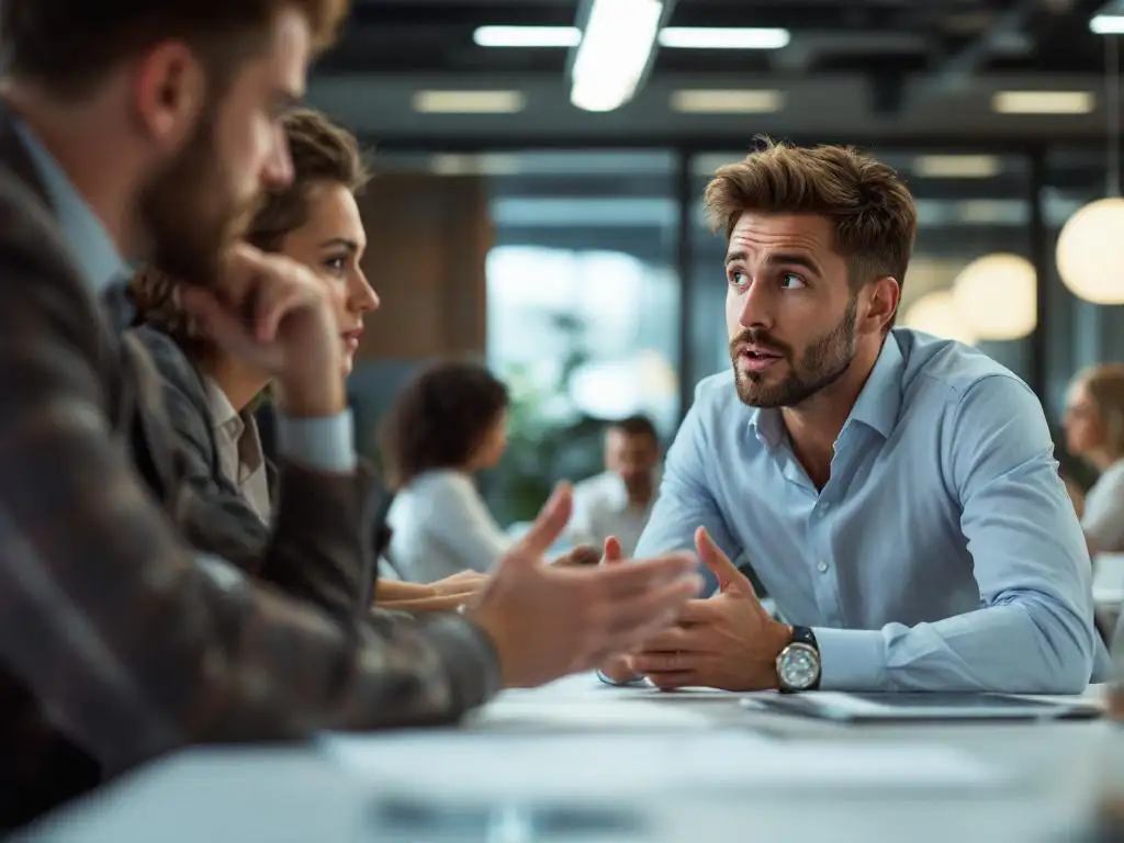 Manager listening intently to employee gesturing during diverse office meeting at conference table