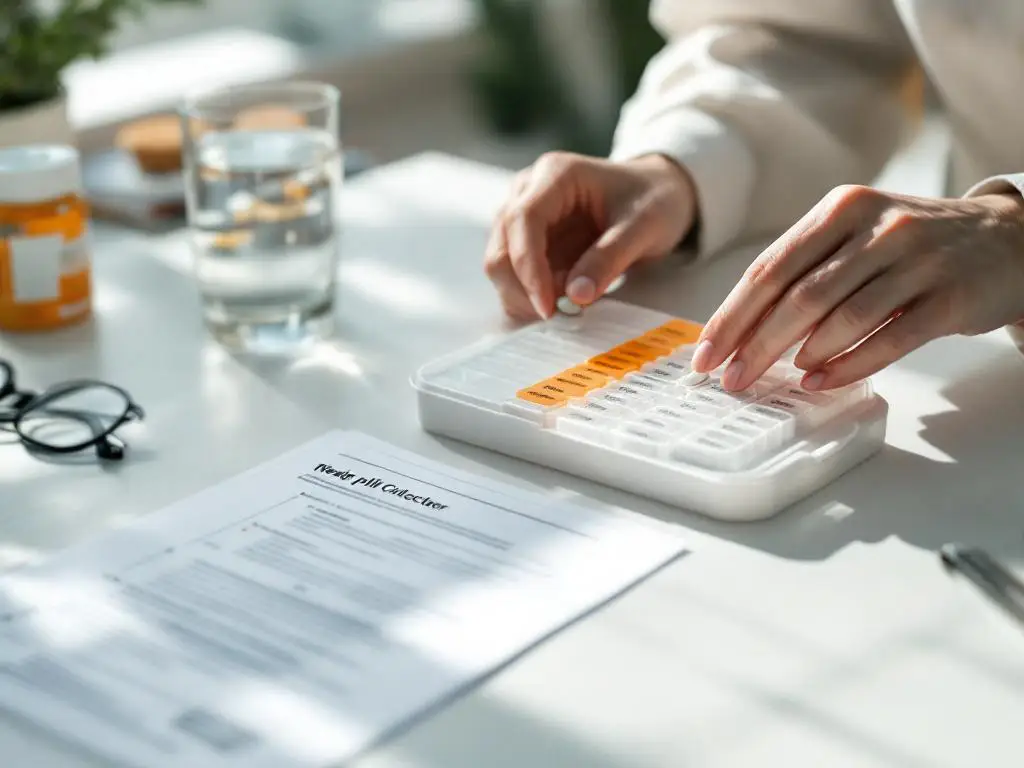 Professional hands placing medication pill into labeled weekly pill organizer with instruction sheet, water glass nearby.