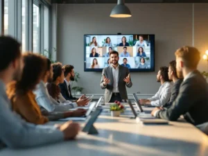 Diverse team meeting in modern conference room with speaker gesturing to colleagues and remote workers on wall screen
