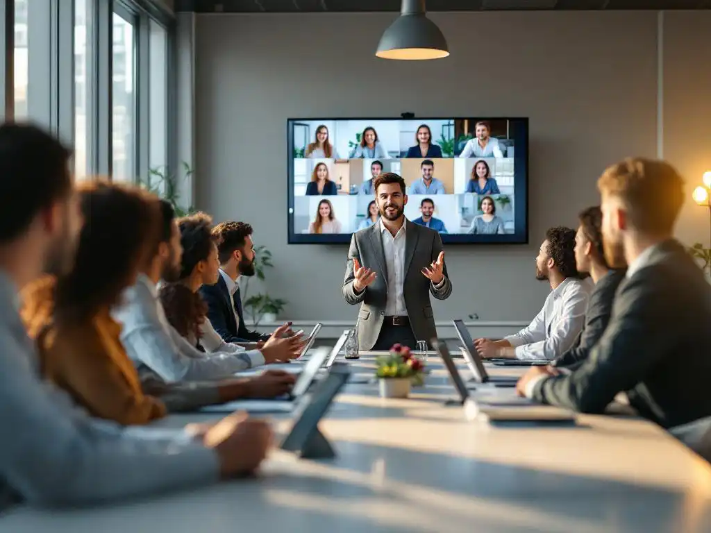 Diverse team meeting in modern conference room with speaker gesturing to colleagues and remote workers on wall screen