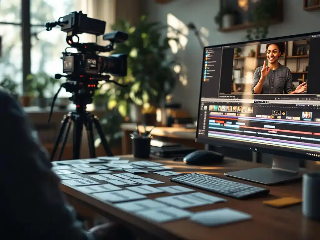 Professional video camera on tripod filming diverse instructor while multilingual subtitle cards lie on wooden editing desk with computer monitor showing video timeline in background.