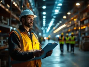 Night shift supervisor holding safety clipboard under warehouse lighting with workers in reflective vests in background.