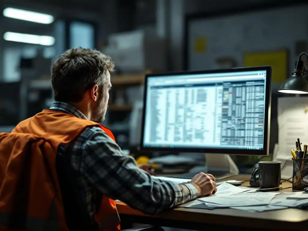 Office worker looking at Excel spreadsheet with safety registration data errors on computer monitor, hard hat visible on chair