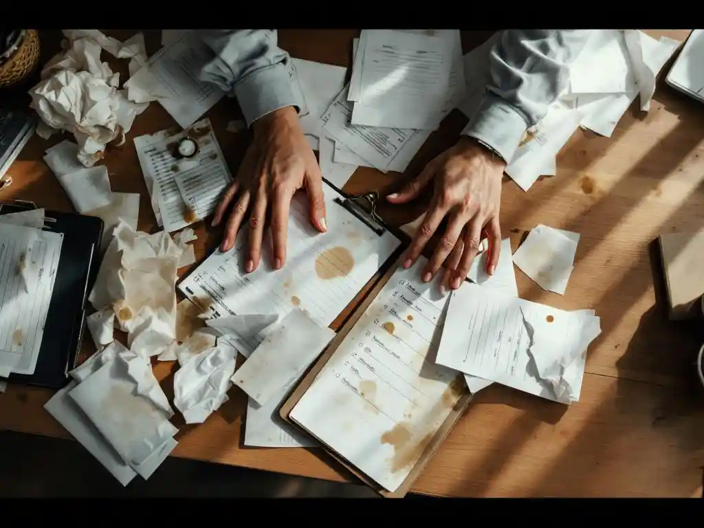 Frustrated office worker's hands reaching across messy wooden desk with scattered crumpled attendance sheets and documents