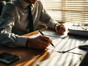 Professional office worker organizing incident report documents and legal forms at wooden desk with pen in hand