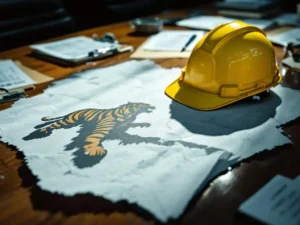 Paper tiger cutout on conference table surrounded by safety compliance documents, hard hat casting shadow in office lighting