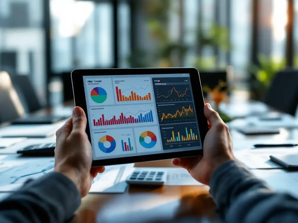 Professionele handen houden tablet met kleurrijke analytics grafieken boven vergadertafel met PBM documenten en rapporten