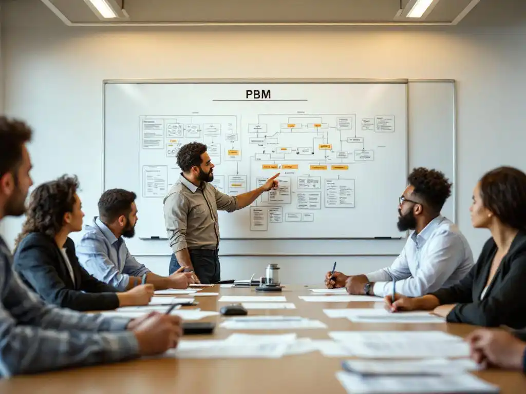 Diverse maintenance team reviewing PBM evaluation forms around conference table with whiteboard diagrams in background