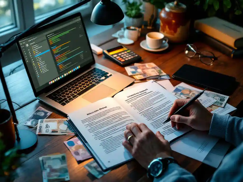 Professional translator working at desk with open foreign language manual, laptop translation software, international currency, and calculator