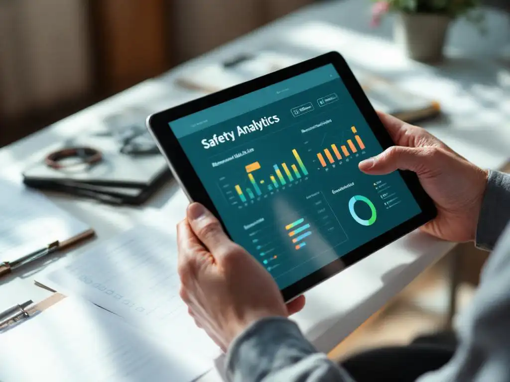 Researcher holding tablet displaying safety analytics charts on desk with research papers and clipboard