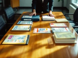 Professional woman organizing safety binders and emergency documentation on conference room table