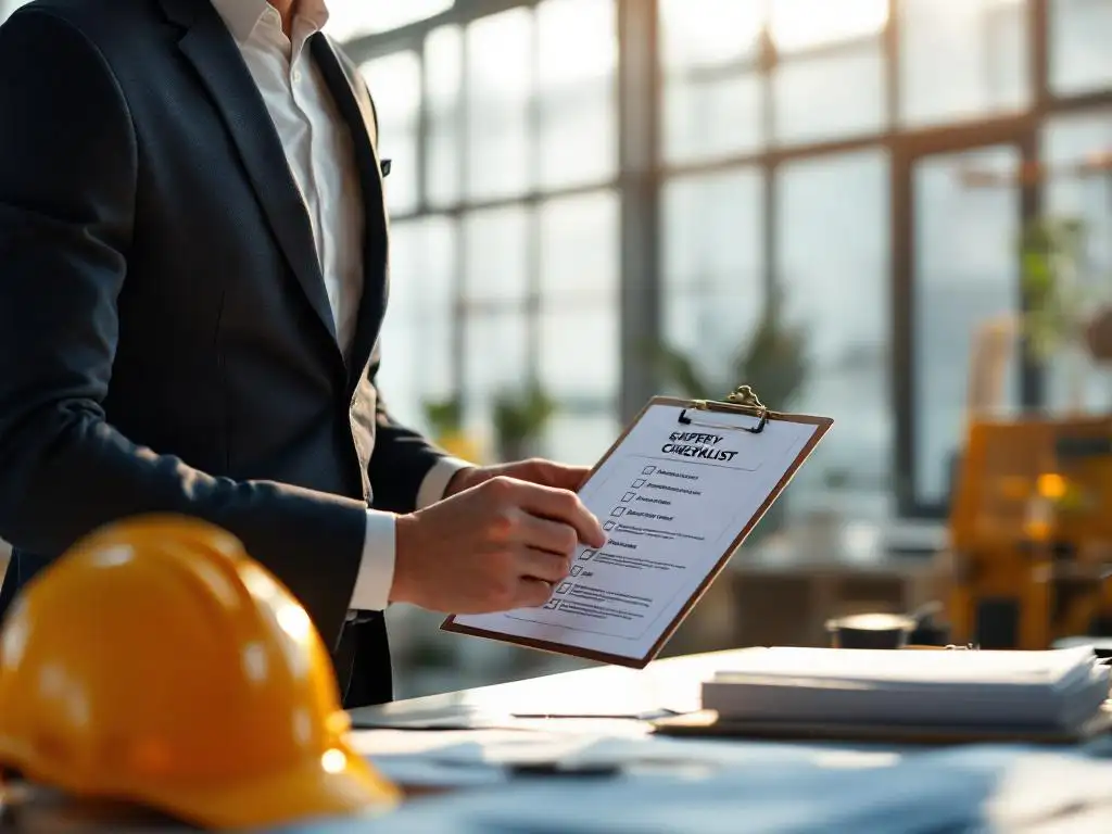 Professional office worker in business attire reviewing safety checklist on clipboard at organized desk with hard hat
