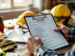 Construction supervisor holding safety compliance checklist on clipboard with hard hat, goggles, and high-vis vest on table