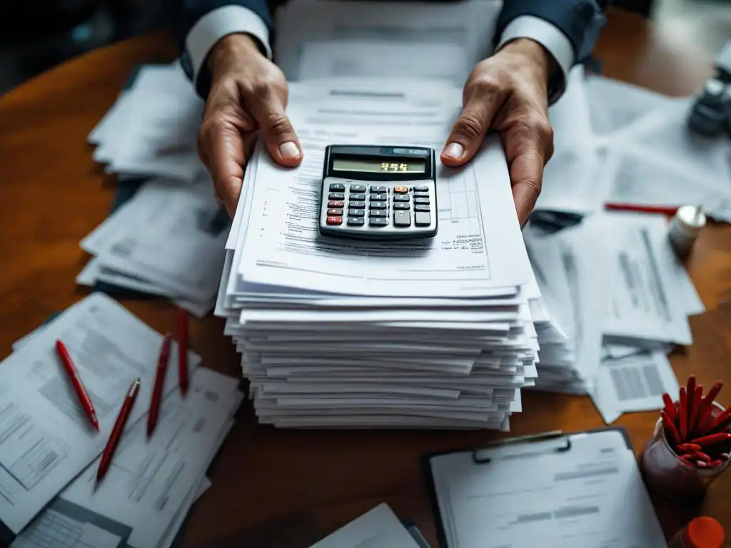 Businessman's hands gripping stack of safety forms and clipboards with calculator on mahogany desk, red pens scattered around.