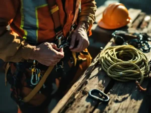 Construction worker adjusting safety harness with hard hat, rope, and climbing gear on wooden surface in morning light.