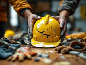 Construction worker examining cracked safety helmet with damaged PPE equipment on training table in safety meeting room