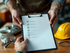Safety inspector holding completed checklist with green checkmarks, hard hat and safety glasses on desk in industrial office
