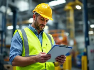 HSE inspector in high-visibility vest reviewing safety checklist on clipboard in modern industrial workplace