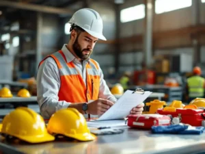 Safety inspector in white hard hat reviewing checklist with organized safety equipment on steel table in warehouse