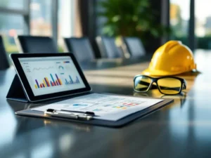 Safety inspector's clipboard with checklists and digital tablet showing analytics on conference table with hard hat nearby