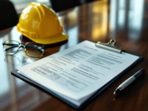 Safety inspector's clipboard with checklists on conference table, yellow hard hat and safety glasses nearby