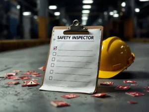 Safety inspector's clipboard with unchecked boxes and red warning tags on concrete floor, hard hat nearby, industrial site
