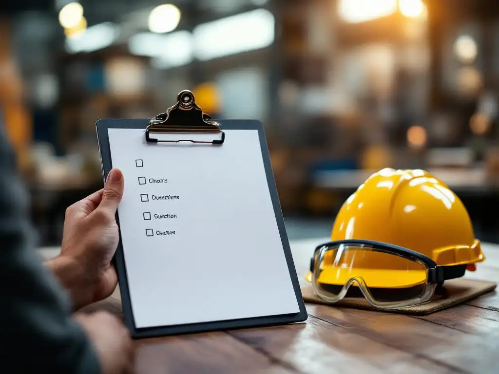 Safety instructor holding clipboard with quiz questions next to yellow hard hat and goggles on wooden desk in workshop
