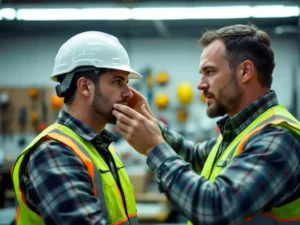Safety instructor adjusting hard hat suspension system for worker in high-visibility vest during workplace training
