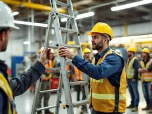 Safety instructor demonstrates proper ladder climbing technique with three-point contact to workers in hard hats in industrial workshop.