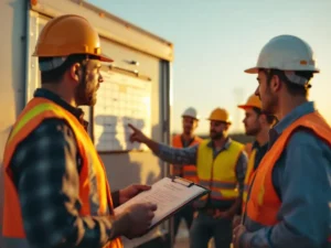 Safety manager with clipboard addressing construction workers in hard hats during site meeting at job trailer.