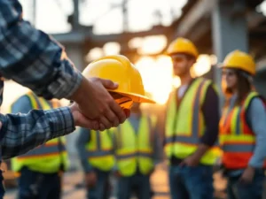 Safety manager holding yellow hard hat while directing construction workers in high-visibility PPE at industrial site