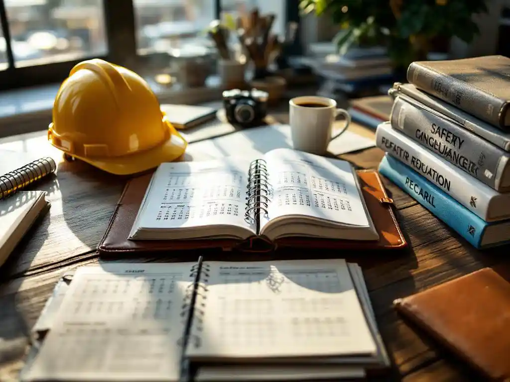 Safety manager's desk with open planner, yellow hard hat, regulation binders, and coffee mug in morning sunlight
