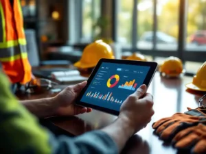 Safety manager reviewing data charts on tablet surrounded by hard hats, safety glasses, and high-vis vests on office table
