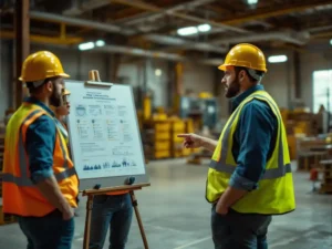 Safety manager presenting to construction workers in high-vis vests, pointing to safety regulation chart in warehouse setting.