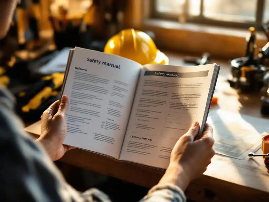 Person holding yellow hard hat while reading safety manual on wooden workbench with safety tools in natural lighting.
