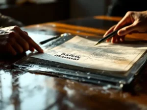 Weathered safety manual in waterproof protector on conference table with hands turning page and fountain pen nearby