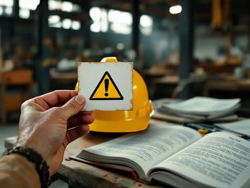 Construction worker's weathered hand holding faded safety pictogram with hard hat symbol next to yellow helmet and open safety manual