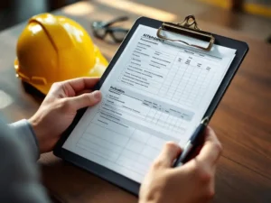 Safety supervisor filling out attendance forms and incident reports on clipboard with hard hat and safety glasses on desk