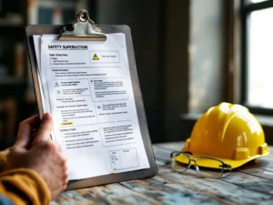 Safety supervisor holding worn clipboard with safety instruction sheets, yellow hard hat and glasses on wooden table