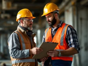 Construction worker adjusting hard hat while safety supervisor with clipboard observes proper PPE usage on industrial building site