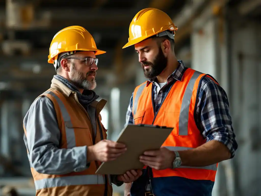 Construction worker adjusting hard hat while safety supervisor with clipboard observes proper PPE usage on industrial building site