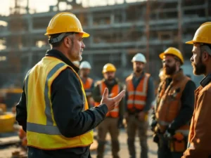 Safety supervisor holding yellow hard hat addresses construction workers during outdoor toolbox meeting at industrial site