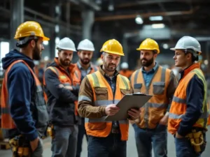 Safety supervisor demonstrating hard hat fitting to diverse construction workers wearing trade-specific PPE in industrial workplace