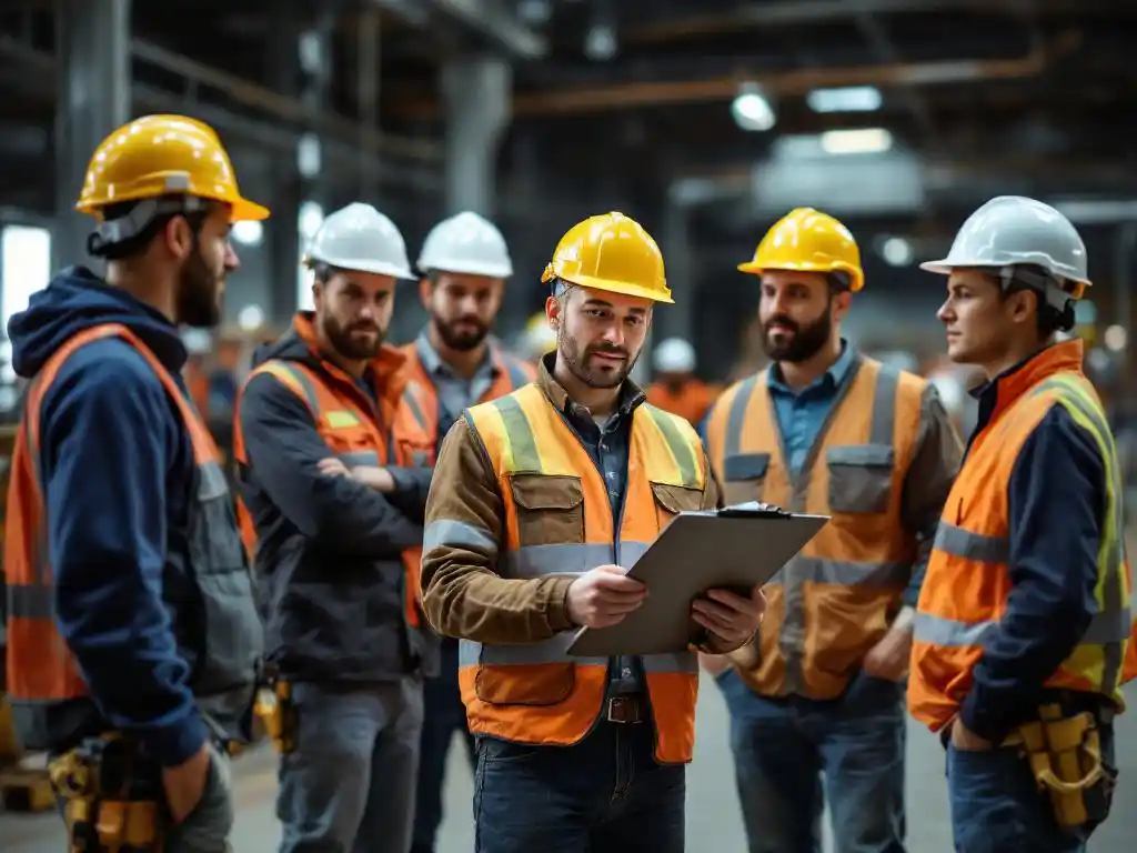Safety supervisor demonstrating hard hat fitting to diverse construction workers wearing trade-specific PPE in industrial workplace