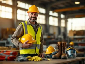 Safety supervisor holding yellow hard hat next to table with PPE equipment including safety glasses, vests, gloves, and boots.