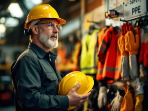 Safety supervisor holding yellow hard hat while explaining PPE equipment display including goggles, vests, and gloves in workshop