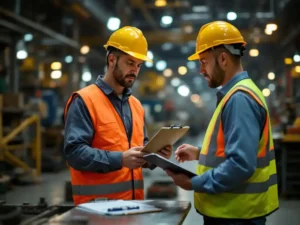 Safety supervisor in yellow hard hat and high-vis vest training worker in industrial warehouse with equipment and checklist.