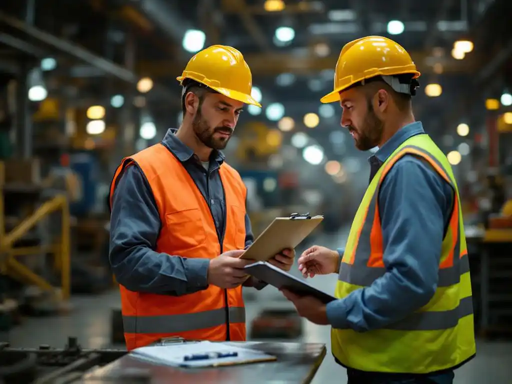 Safety supervisor in yellow hard hat and high-vis vest training worker in industrial warehouse with equipment and checklist.