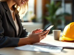 Professional woman in business attire studying safety training on smartphone during coffee break at office desk with hard hat